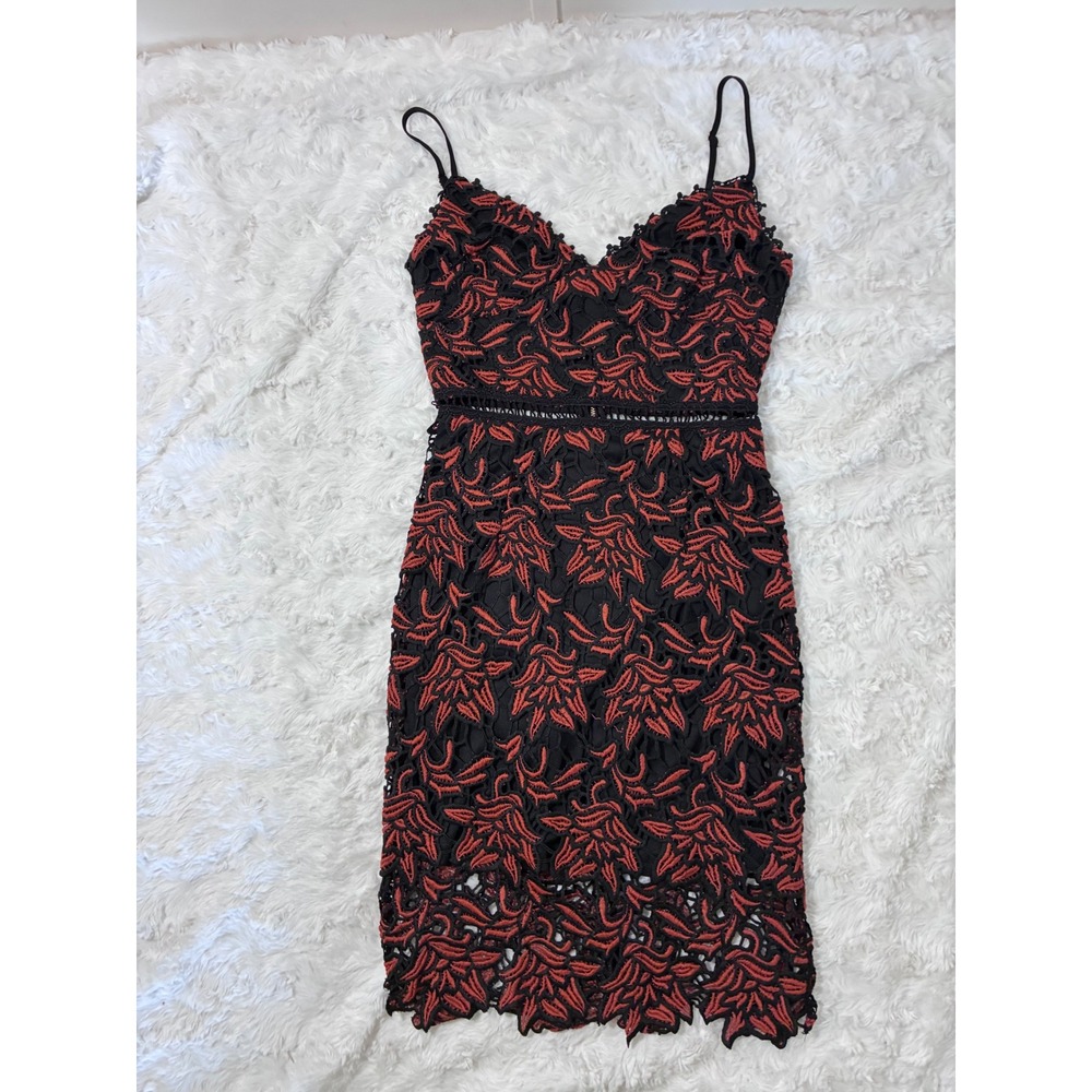 Womens Black Rust Orange Floral Guipure Lace Midi Dress Small Goth Autumn